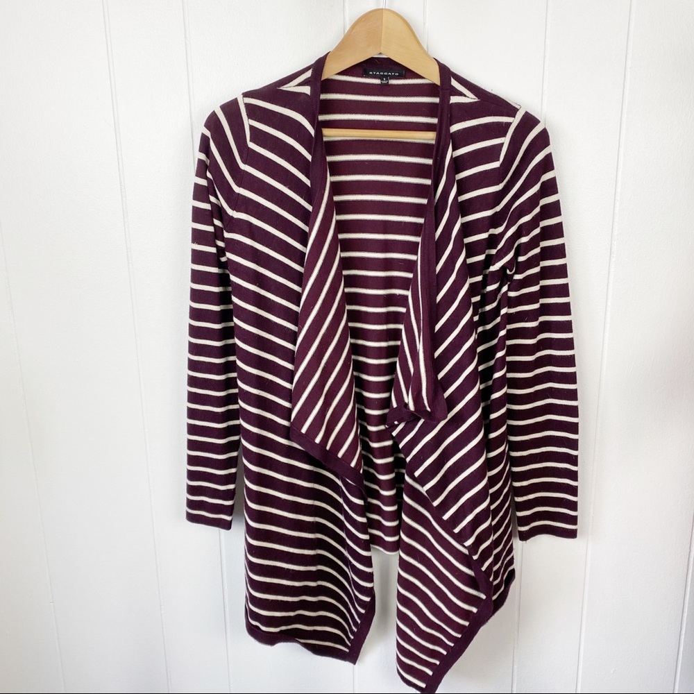 Staccato Burgundy Stripe Open Cardigan Sweater Elbow Patch